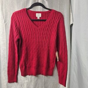 St Johns Bay Petite Cable Knit V Neck Long Sleeve Sweater Red PM